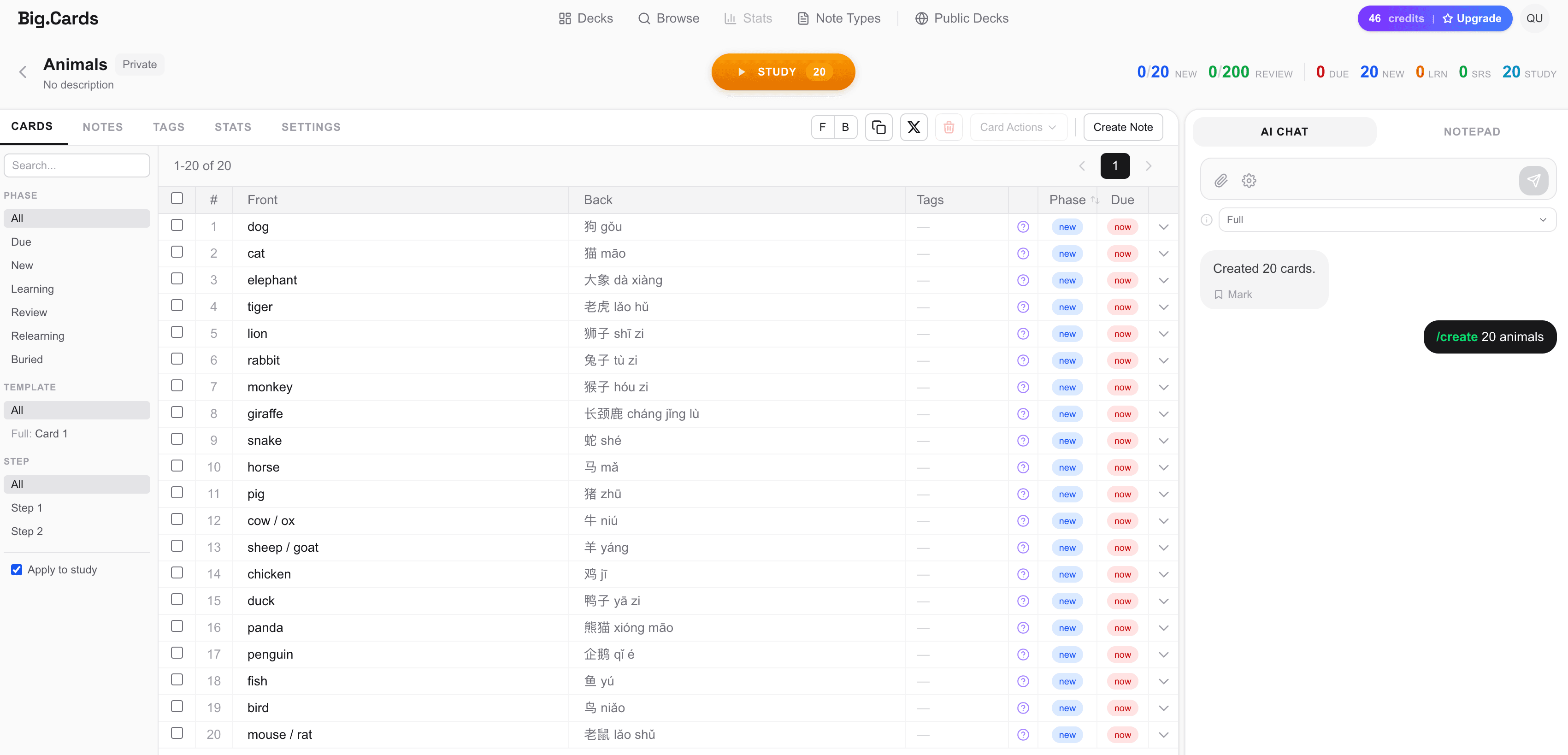 Big.Cards app showing AI-powered flashcard creation